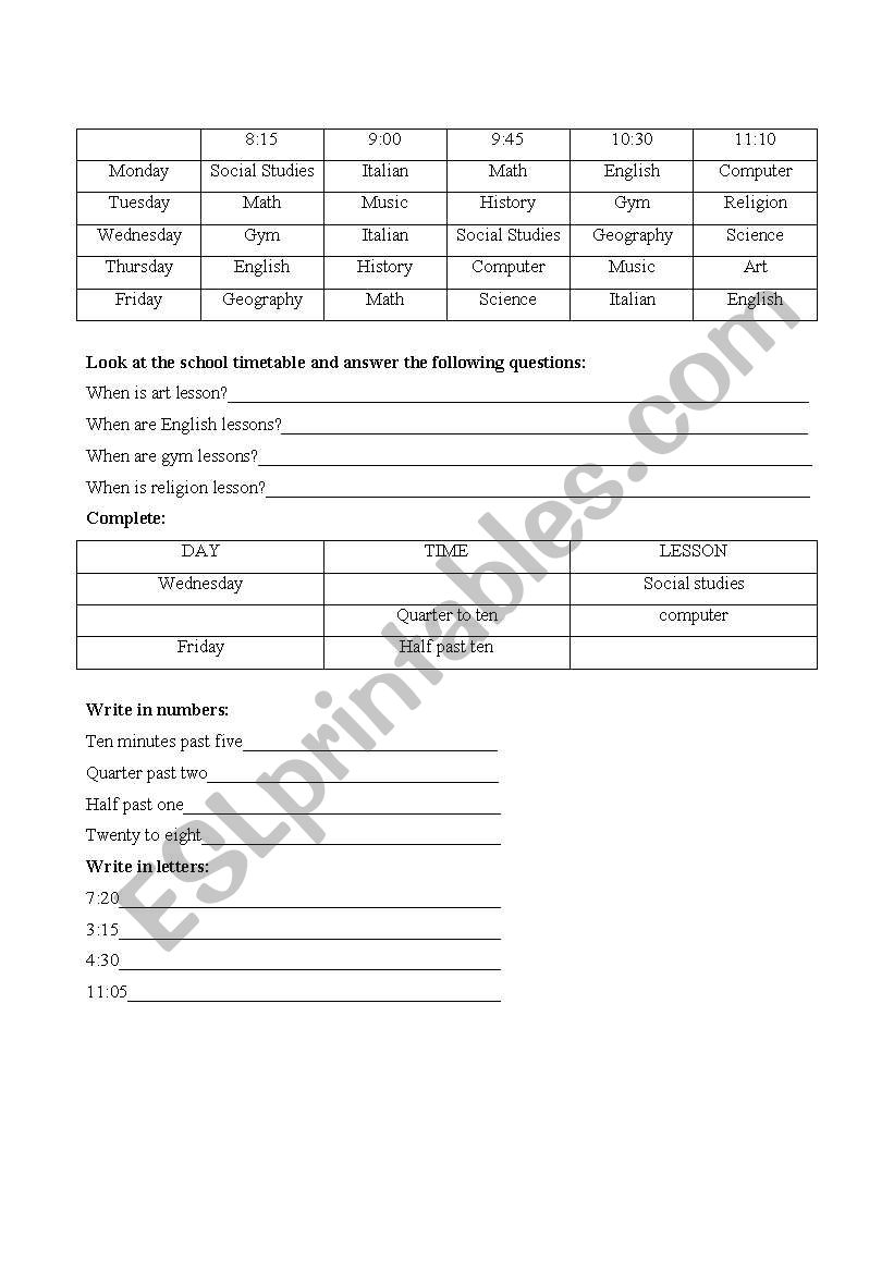 school timetable worksheet