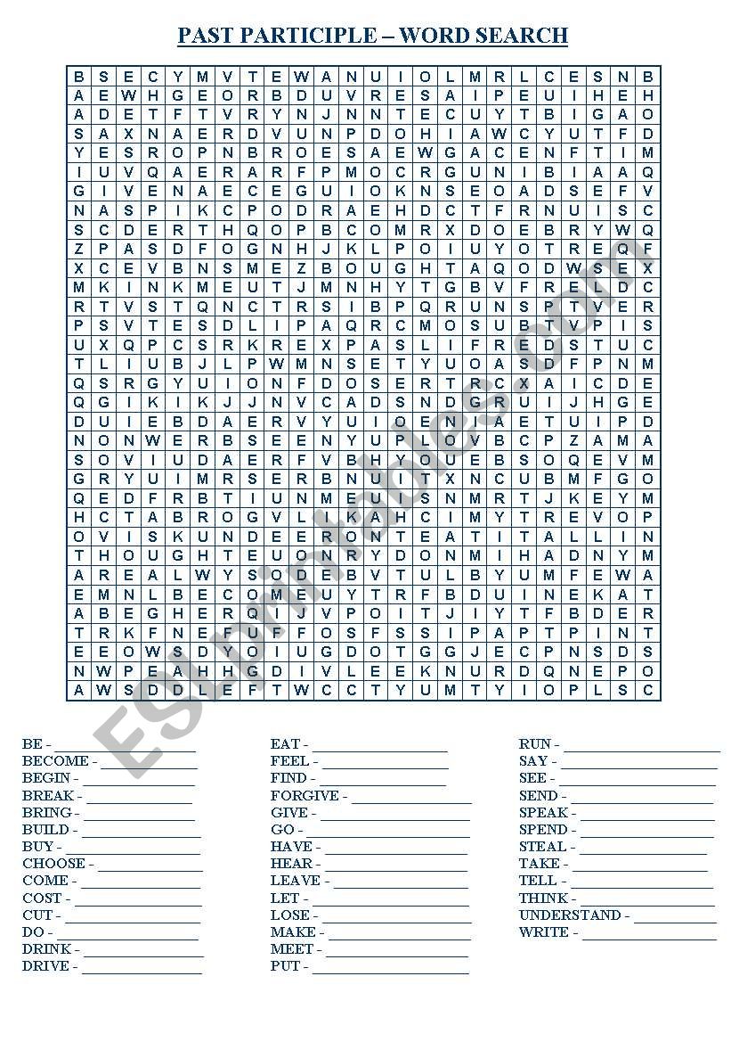 past participle - word search worksheet