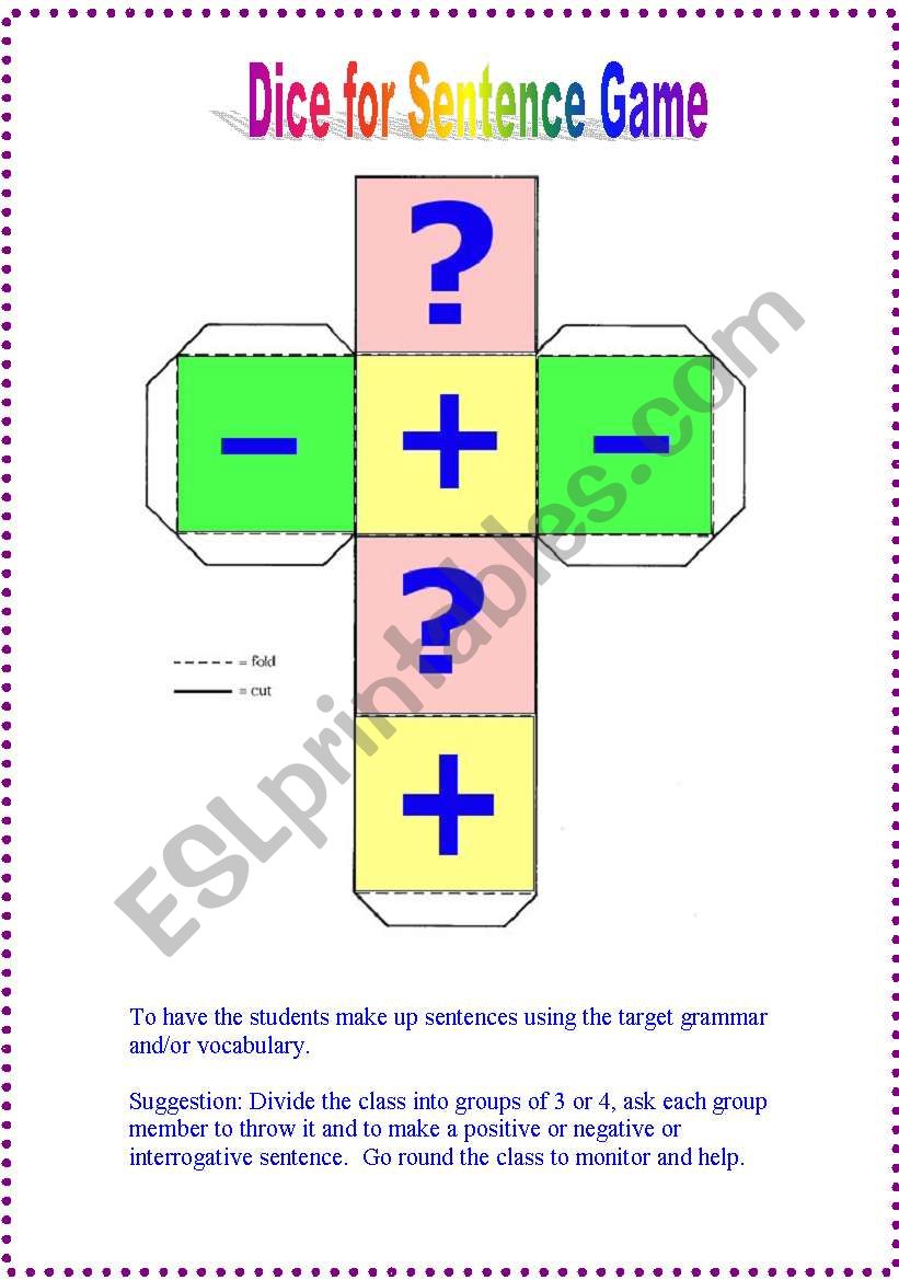 Dice for Sentence Game worksheet