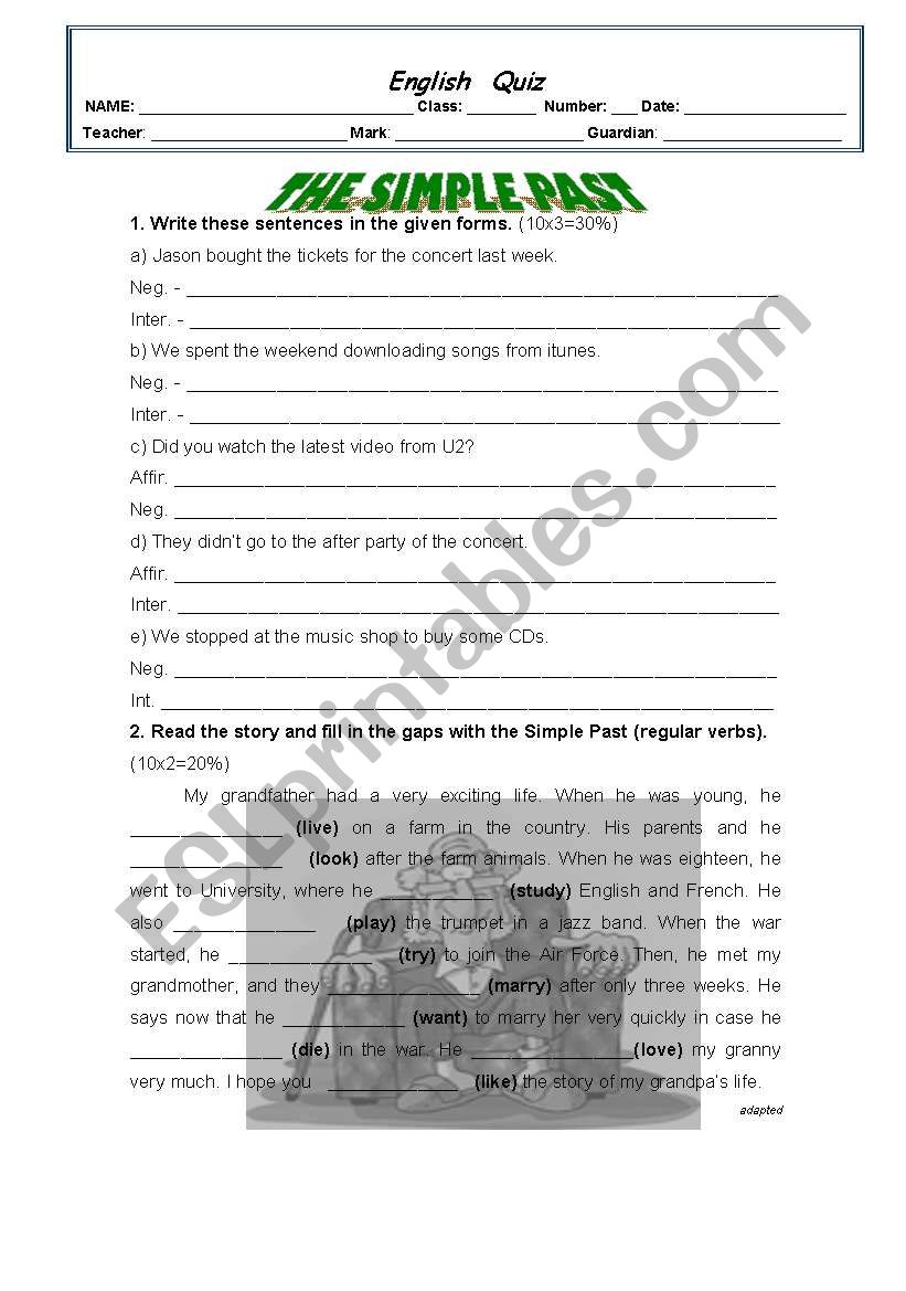 worksheet on the simple past (regular and irregular verbs).