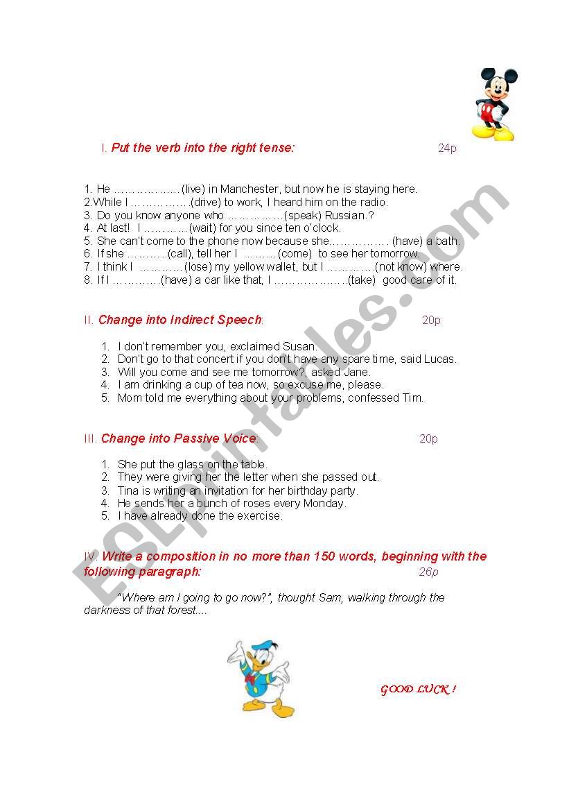 revision test worksheet