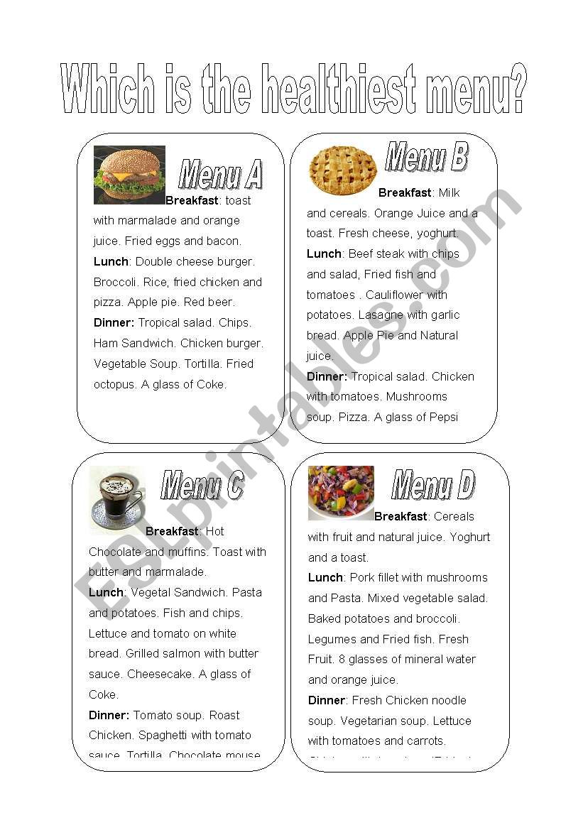 Which is the healthiest menu? worksheet
