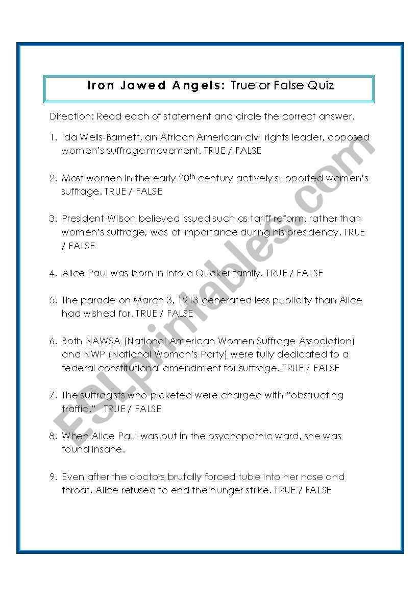 Iron Jawed Angels True/False Quiz with Answer Key