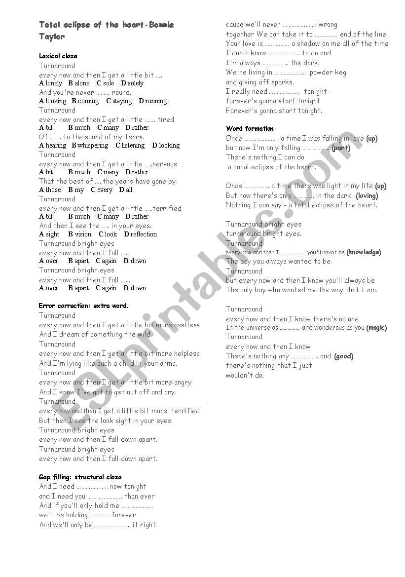 Total Eclipse of the Heart worksheet