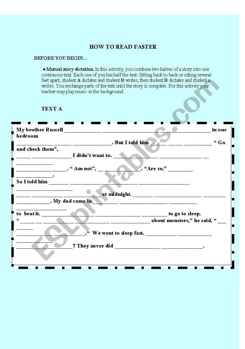 how to read fast part A worksheet