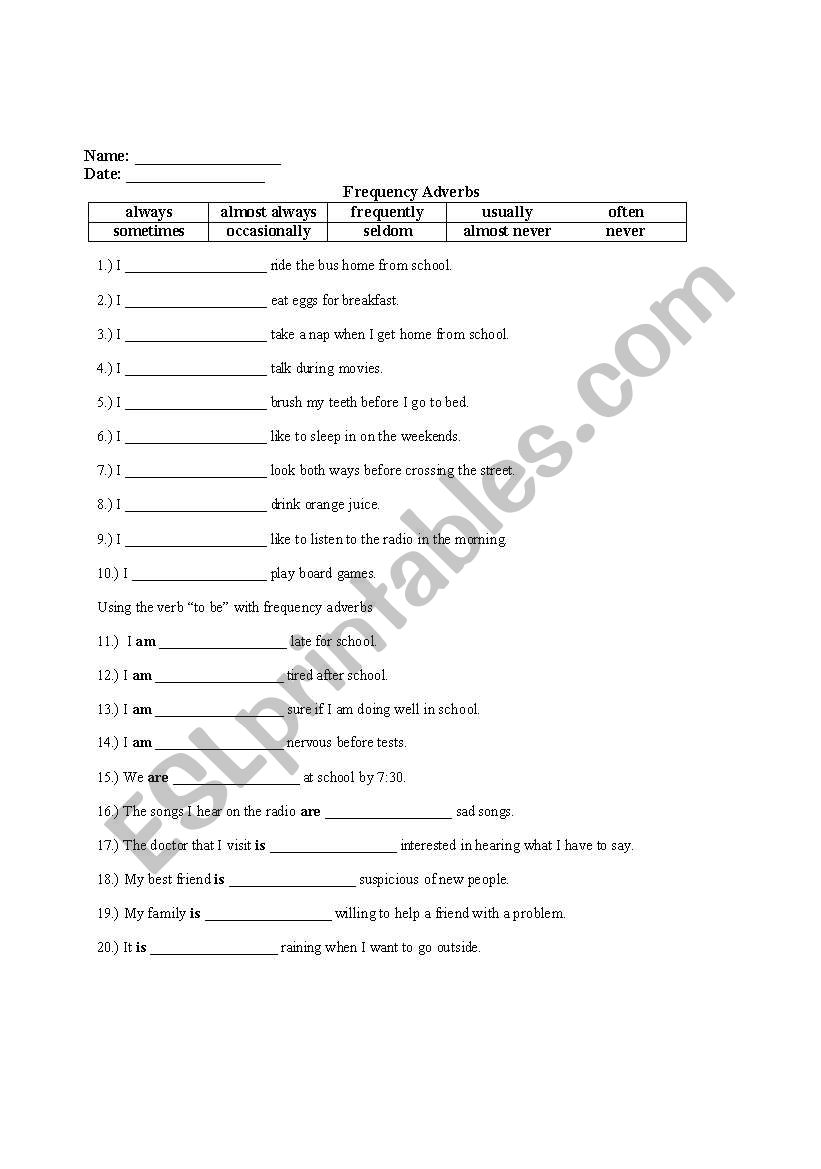 Using Frequency Adverbs worksheet