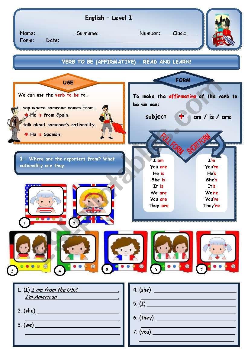 VERB TO BE - AFFIRMATIVE worksheet