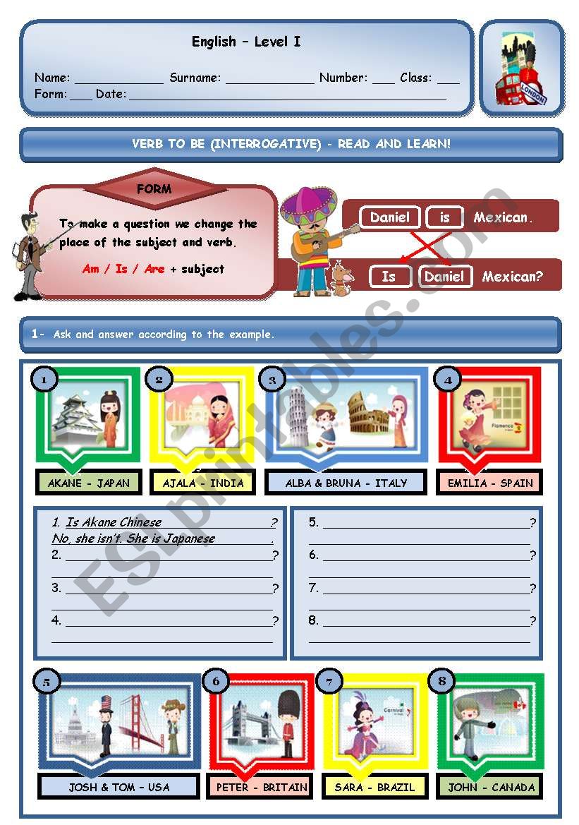 VERB TO BE - INTERROGATIVE worksheet