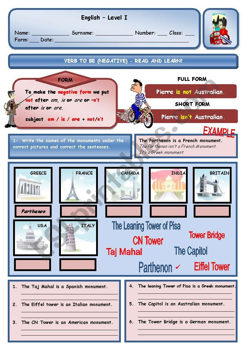 VERB TO BE - NEGATIVE worksheet