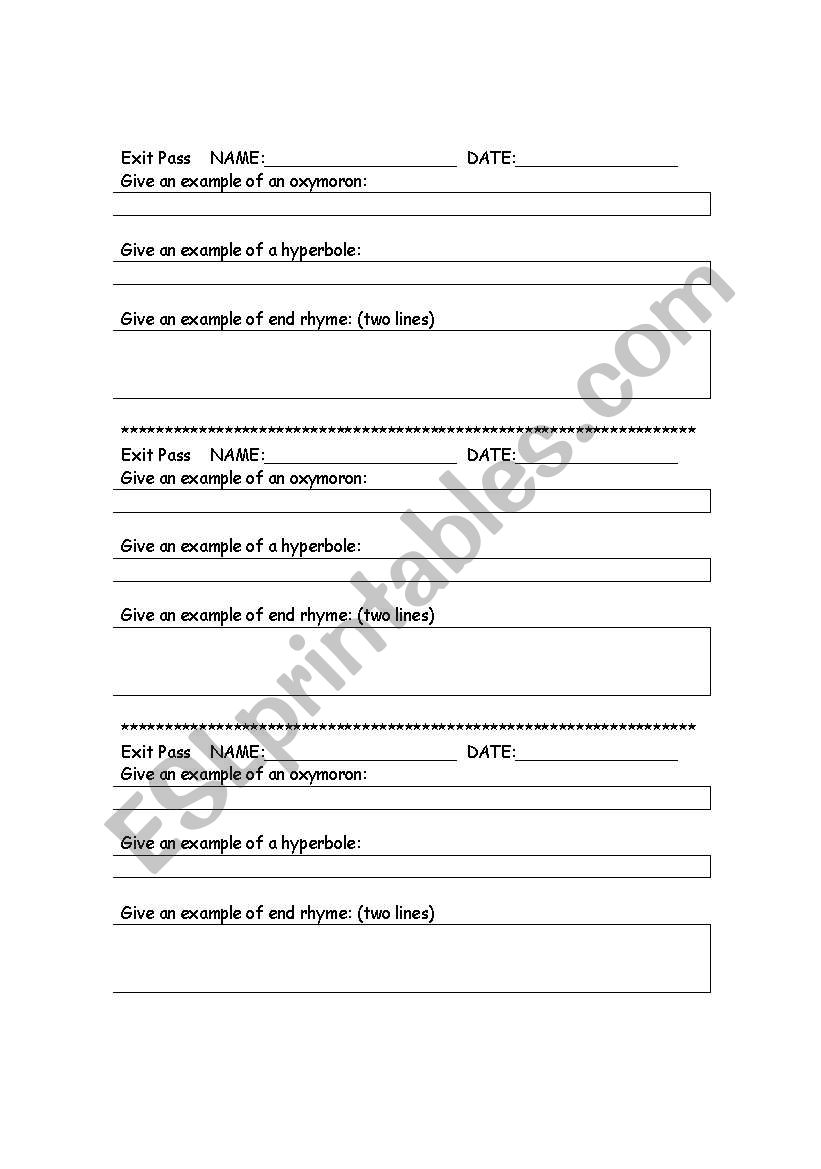 Poetry Entry/Exit Class Pass worksheet