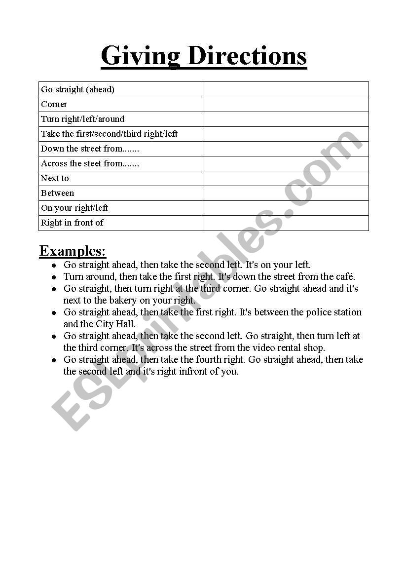 Giving directions in English worksheet