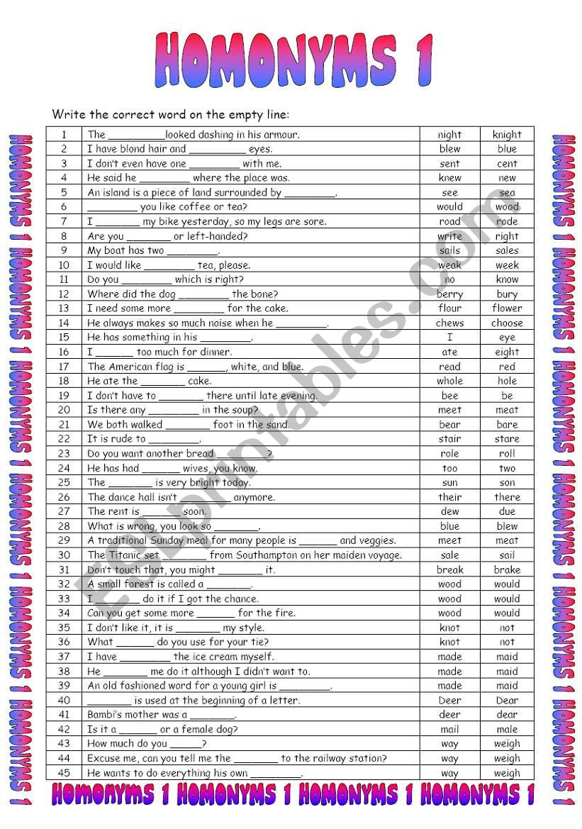 Homonyms 1/3 worksheet