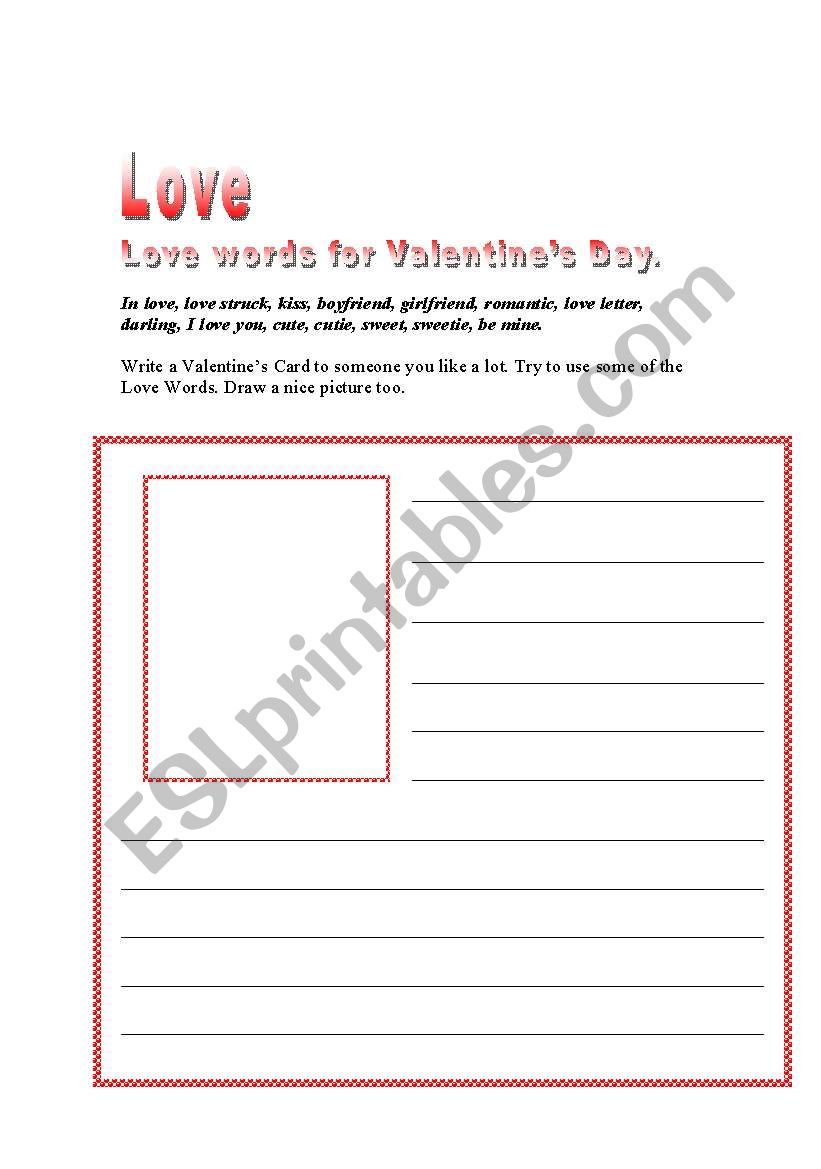Valentines love cards worksheet