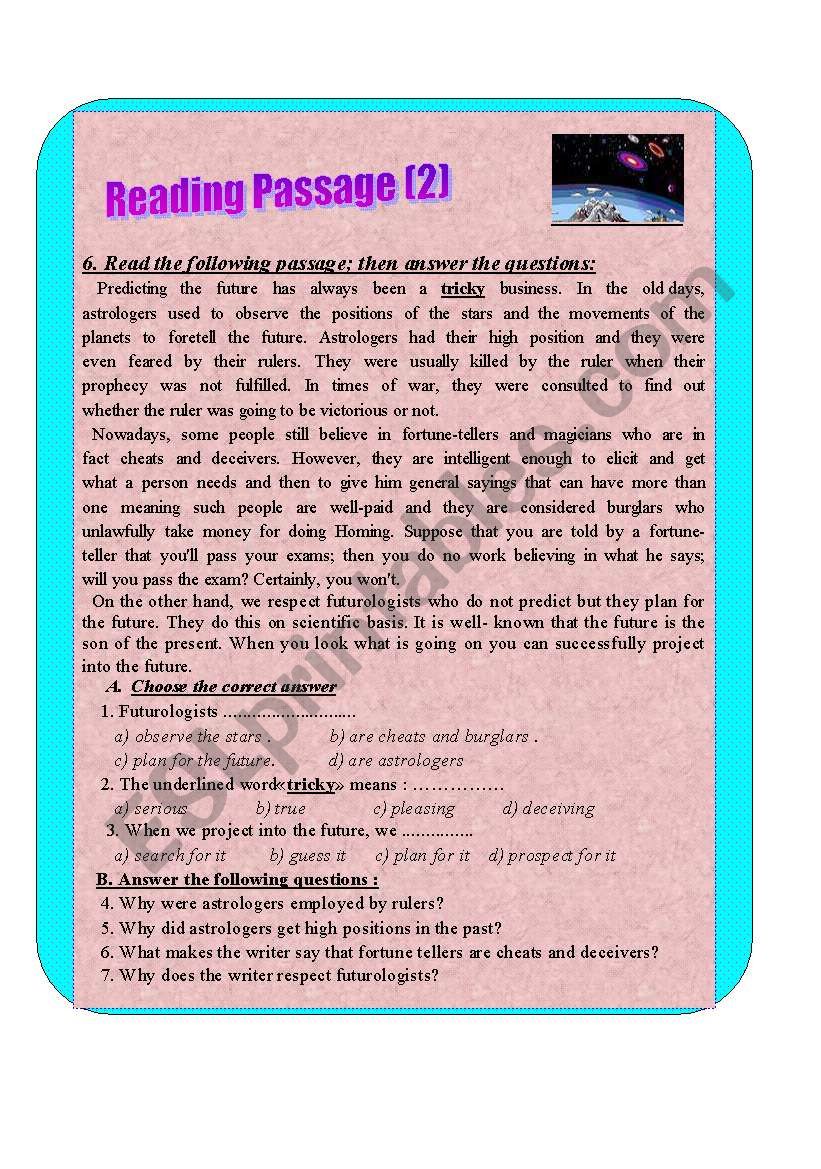 Reading passage (2) worksheet