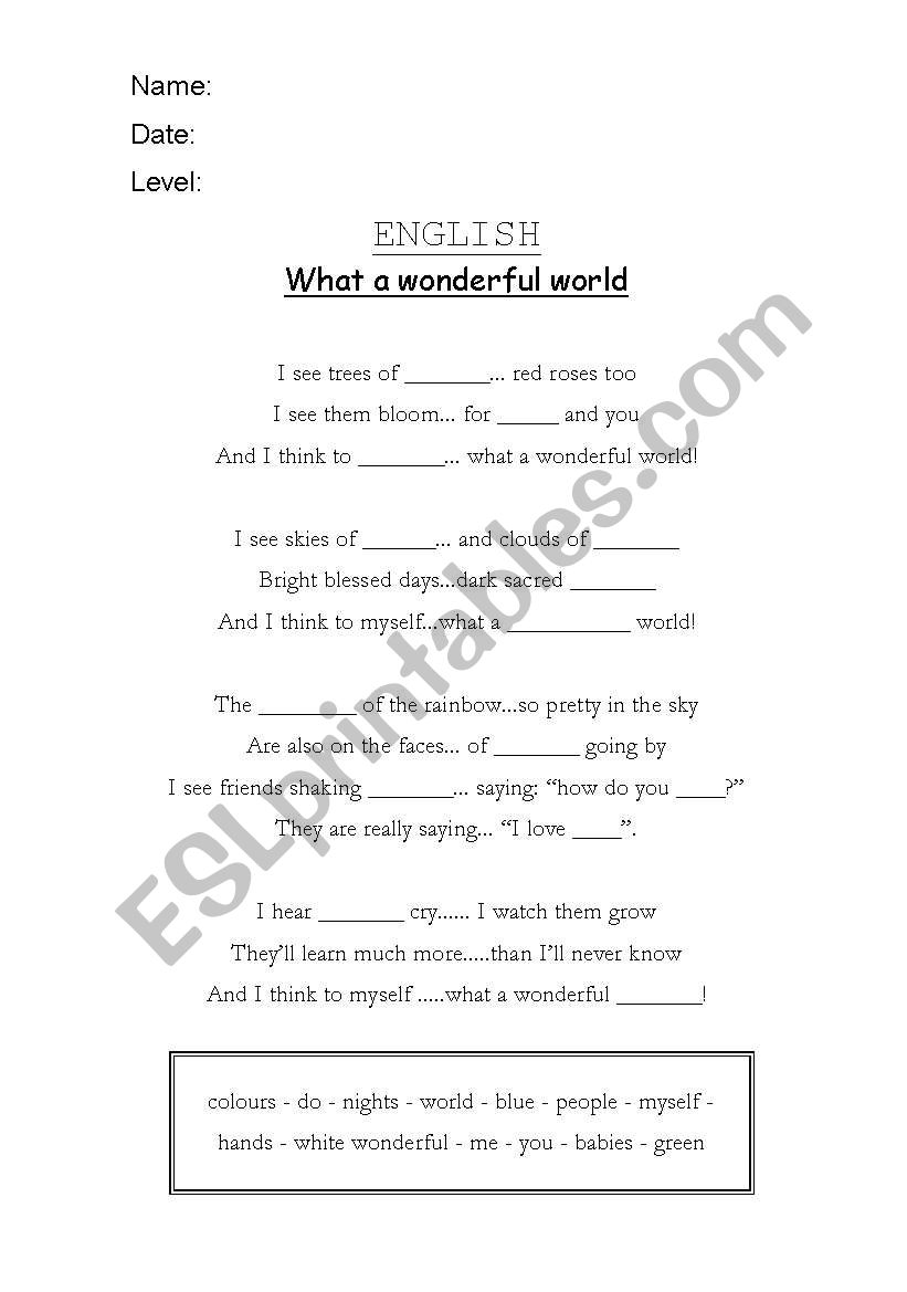 What a wonderful world Song worksheet