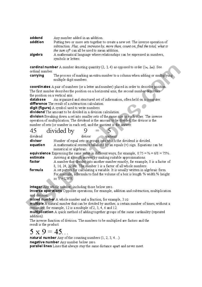 MATHS GLOSSARY worksheet