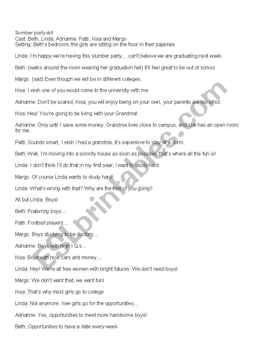 slumber party skit worksheet