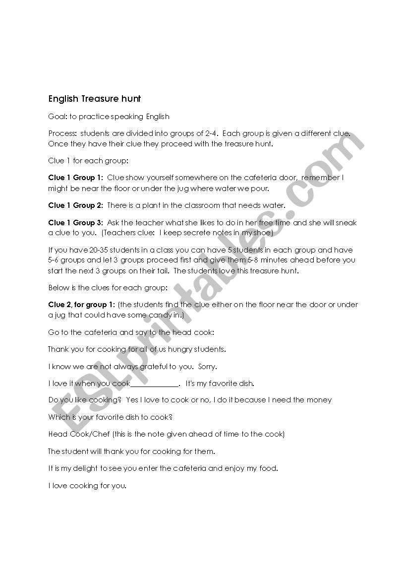 English treasure hunt 1.2 worksheet