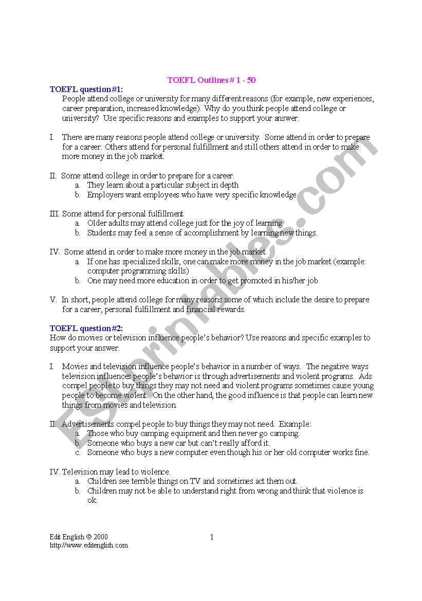 essay hints for toefl worksheet