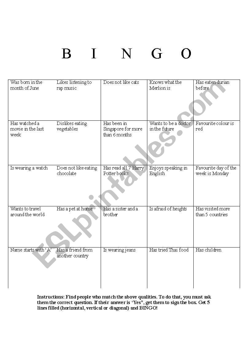 Question BINGO worksheet