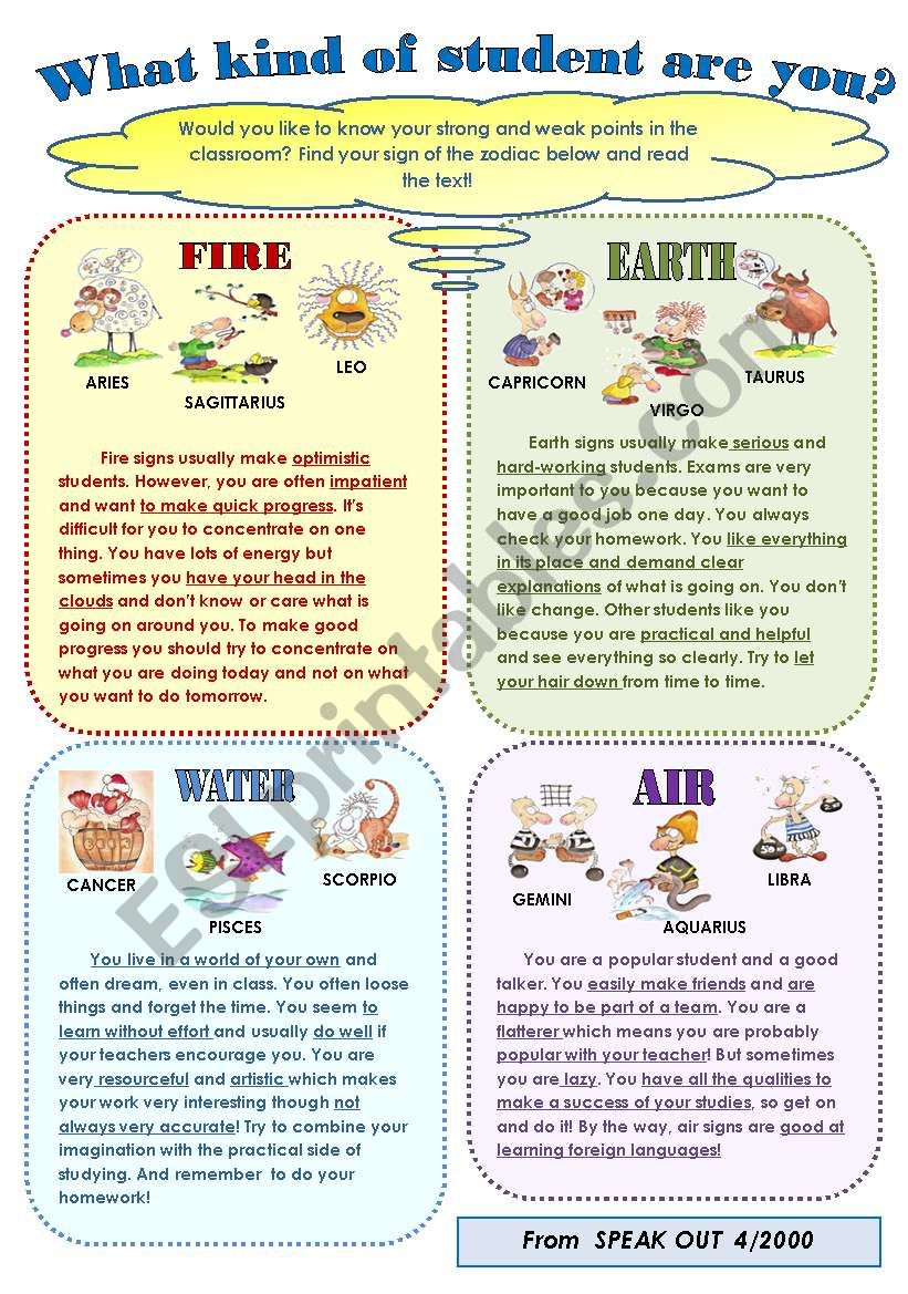 WHAT KIND OF STUDENT ARE YOU? -funny zodiak characteristics for your students (describing people)