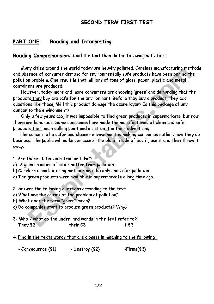 Test: Polluted Cities worksheet
