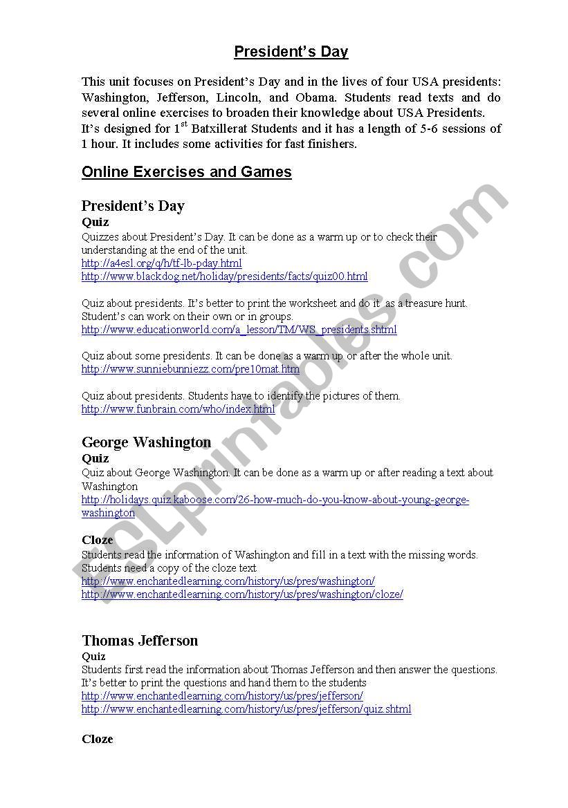 Presidents Day worksheet