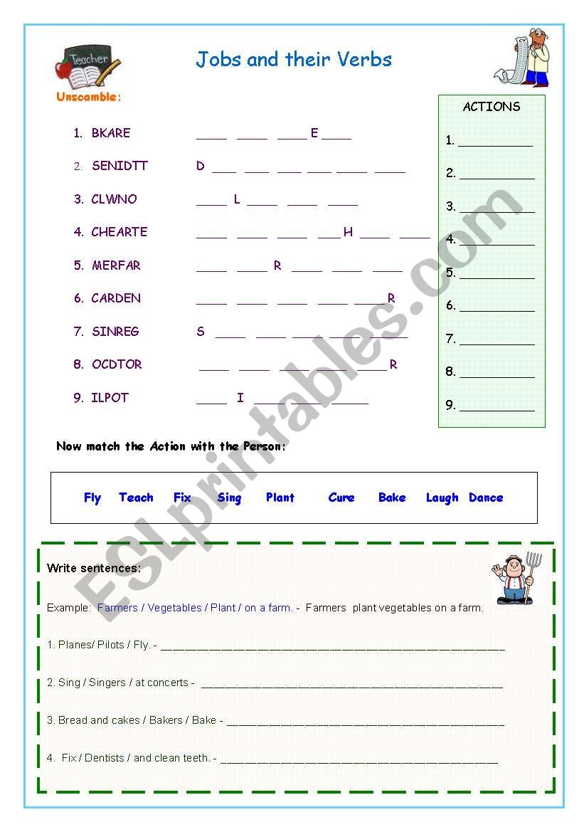 Jobs and their Verbs worksheet