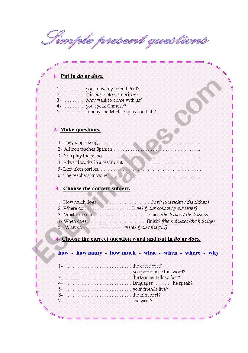 SIMPLE PRESENT QUESTIONS worksheet