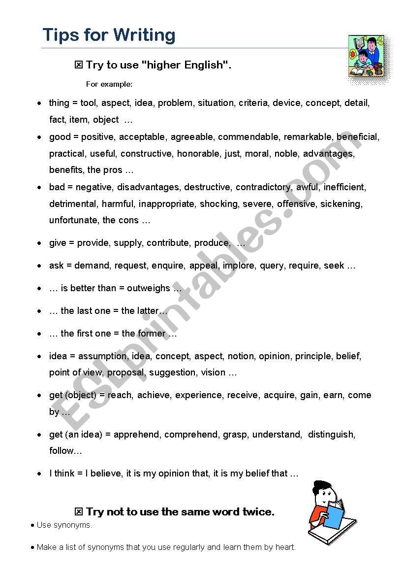 Writing Tips worksheet