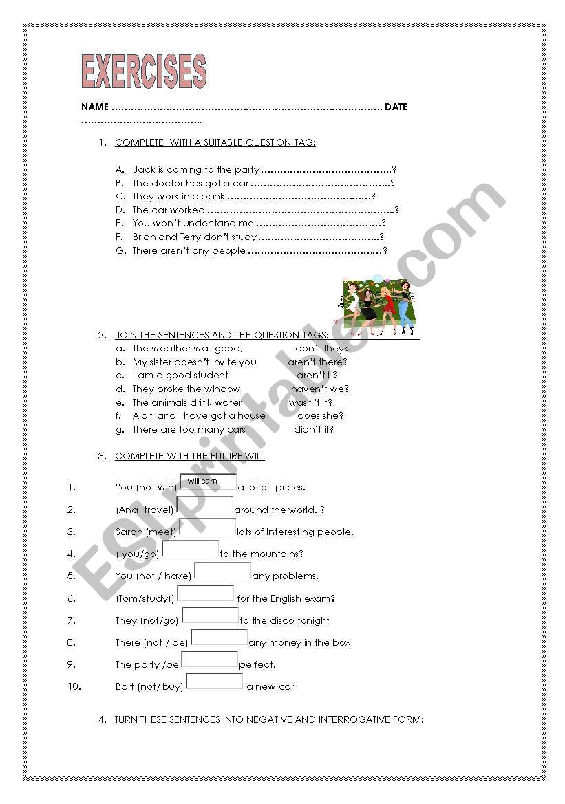 good worksheet: two pages with will, question tags, and weather