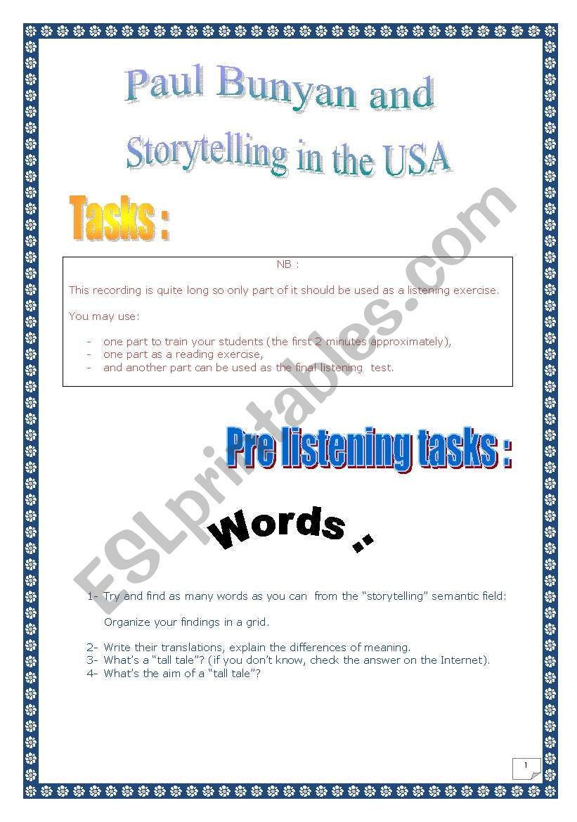 Paul Bunyan & storytelling in the USA (PROJECT: 10 pages)