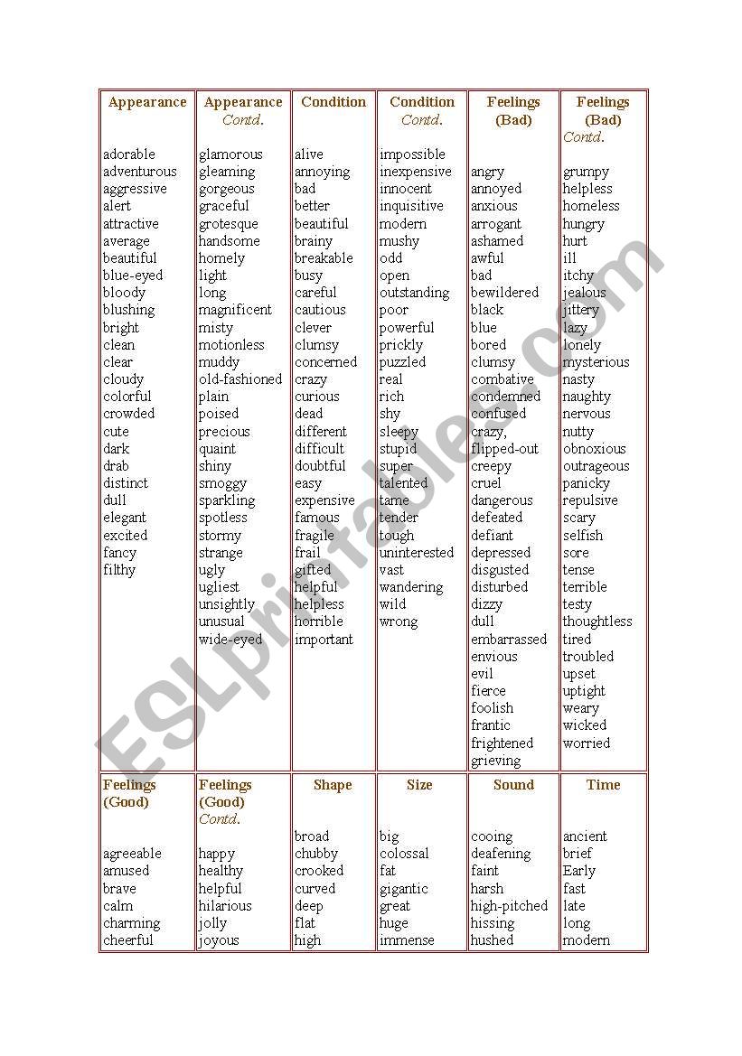 ADJECTIVE LIST worksheet