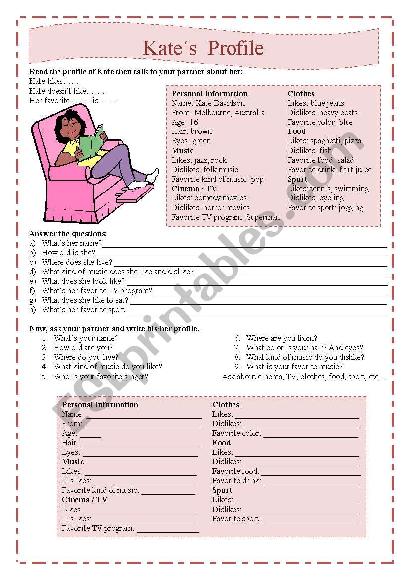 simple present - KateÂ´s profile - 4 pages