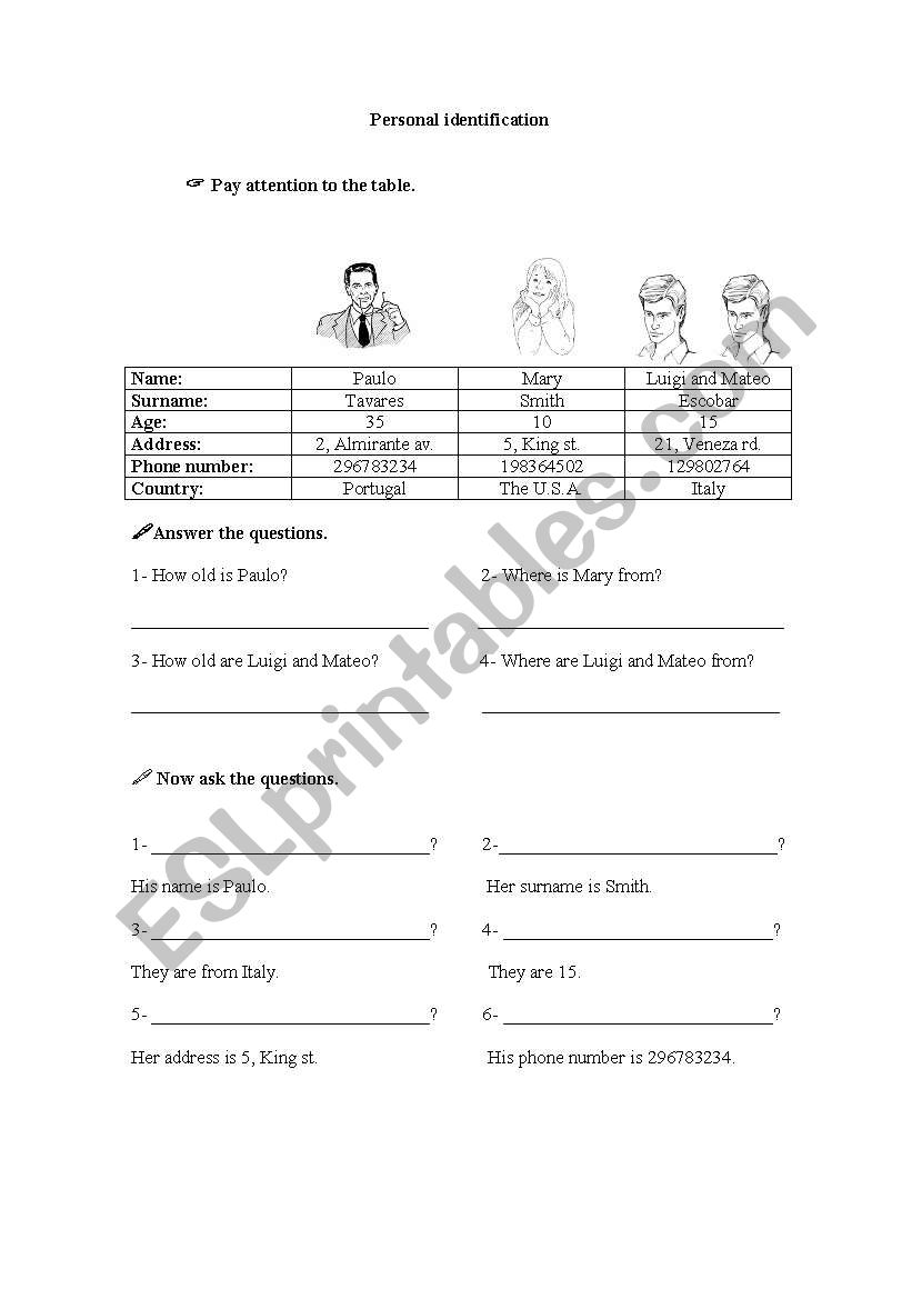 Personal identification worksheet