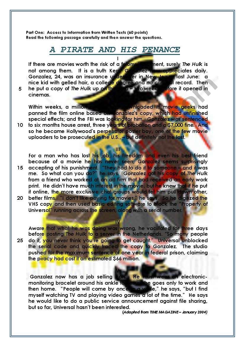 Reading comprehension - A PIRATE AND HIS PENANCE