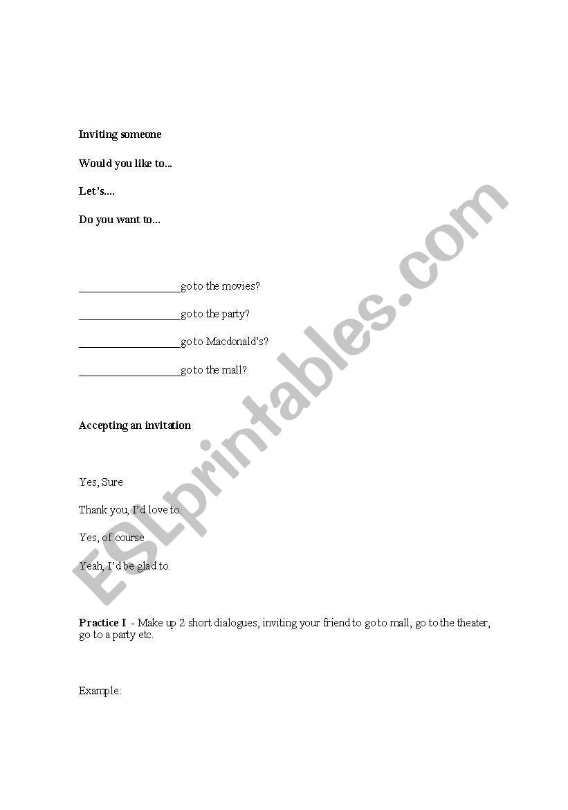 inviting someone, accepting an invitation, declining, asking for permission