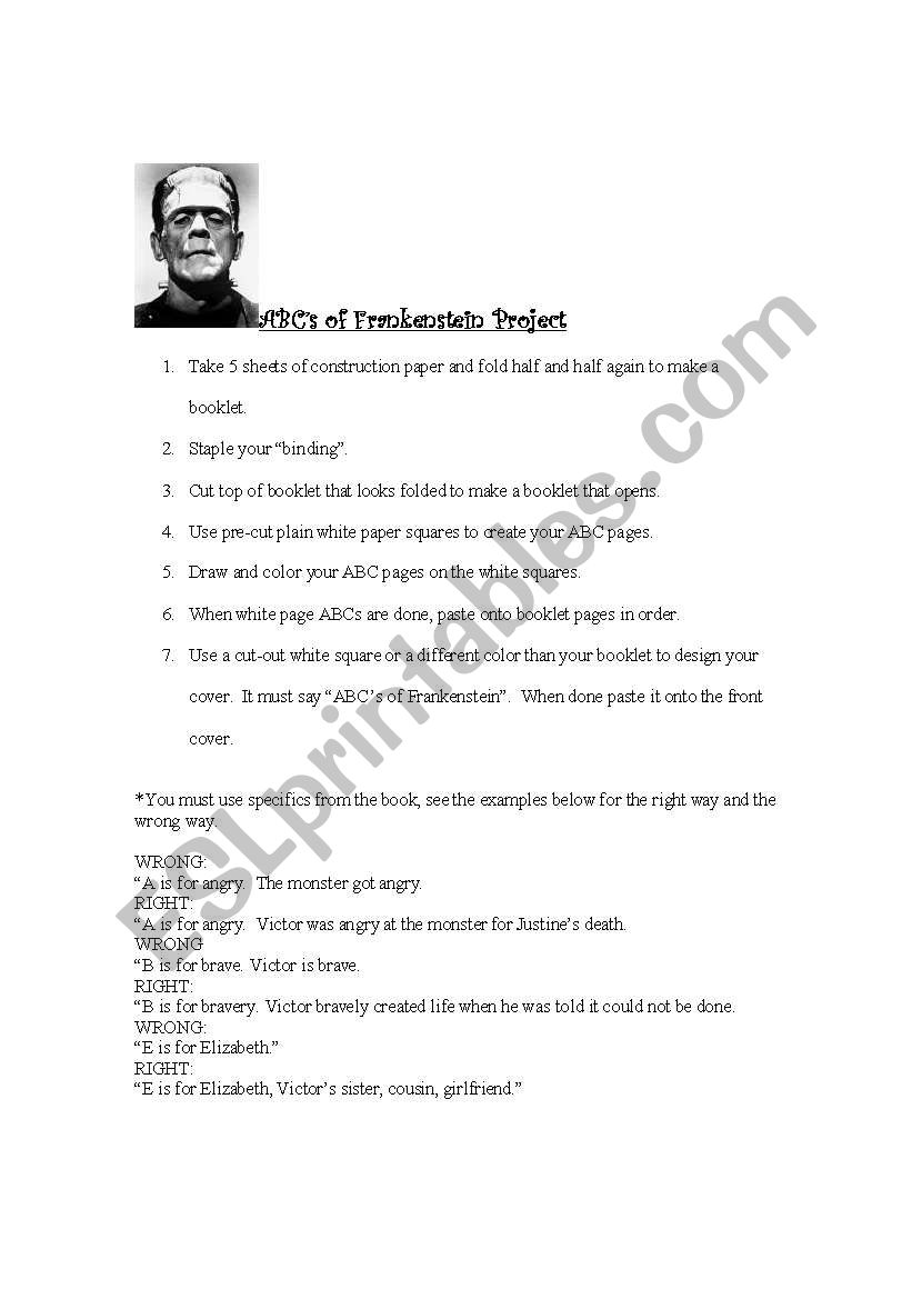 Frankenstein Student Project  worksheet