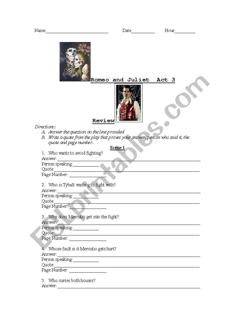 Romeo and Juliet  Act 3 Review Questions