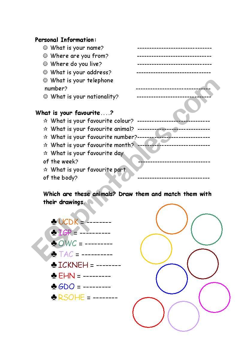 Personal information worksheet