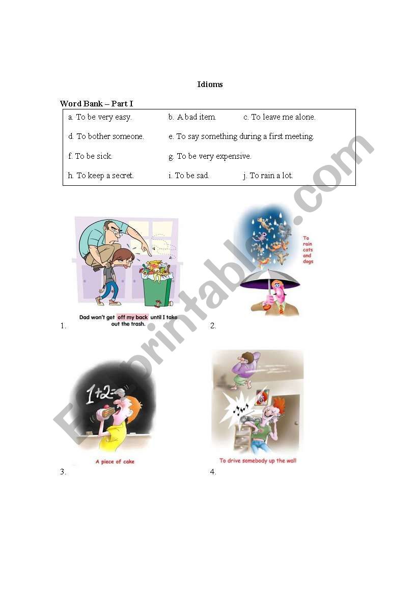 21 Common Idioms - 4 Pages worksheet