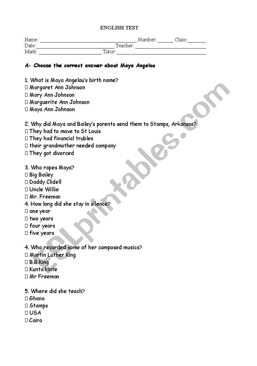 A visit to the dentist by Maya Angelou - reading comprehension worksheet