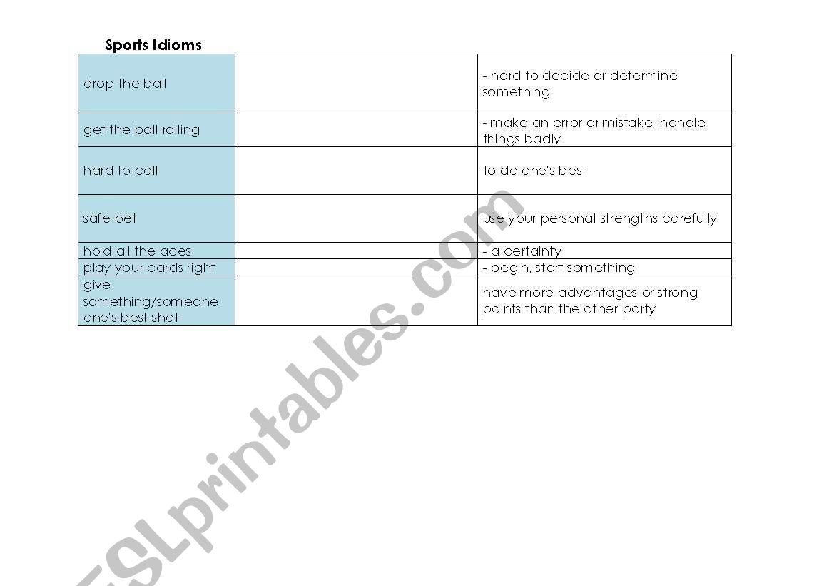 Sports Idioms Matching Sheet worksheet