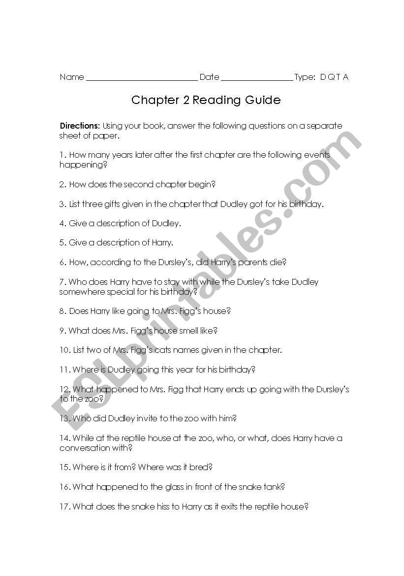 English worksheets: Harry Potter and the Sorcerer´s Stone Reading Guide ...