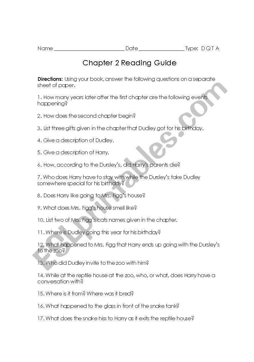 Harry Potter and the Sorcerers Stone Reading Guide- Chapter 2