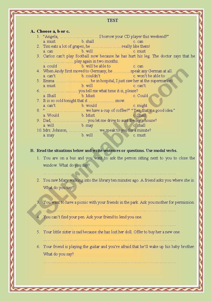 Modals test worksheet