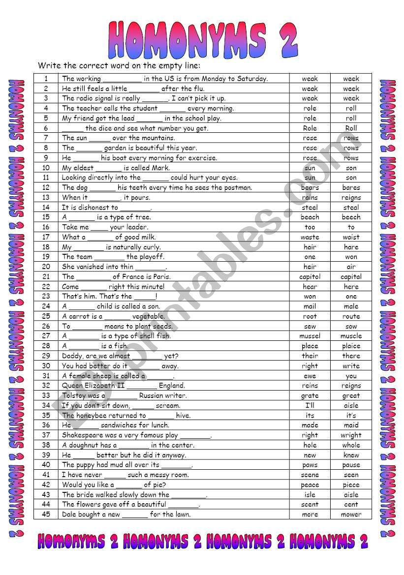 Homonyms 2/3 worksheet