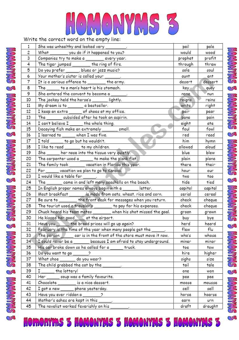 Homonyms 3/3 worksheet