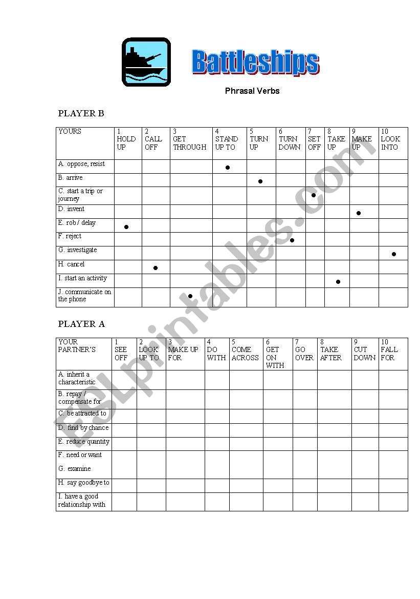 Battleships - Phrasal Verbs worksheet