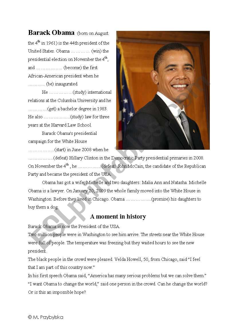 Obama Biography ESL Worksheet By Marzenkam2